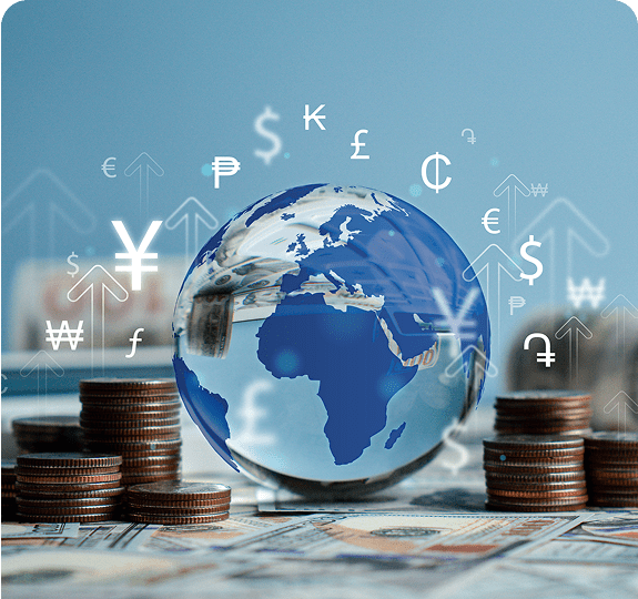World globe surrounded by currency symbols