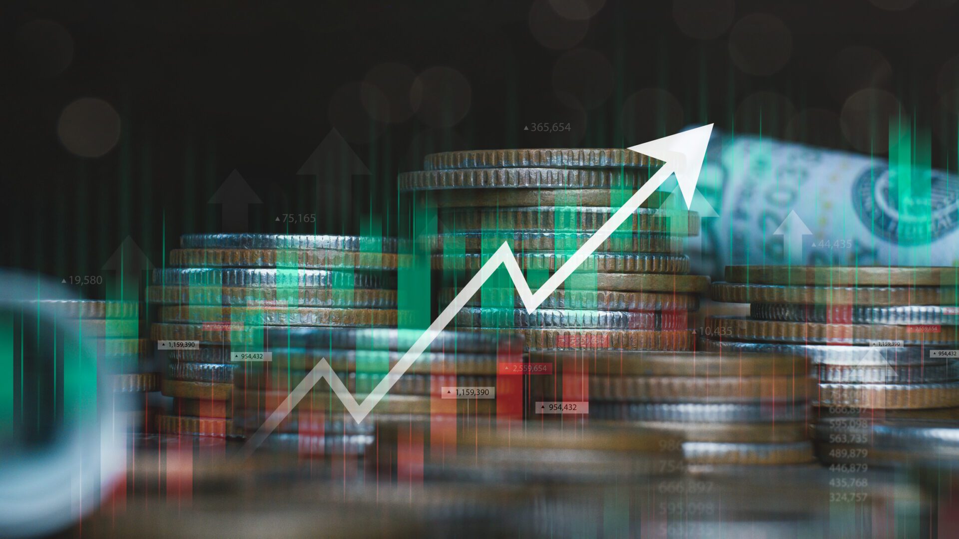 Investment and finance concept, stack of coins with trading and investment chart. financial investment business stock growth, financial annual plan, profits investment.