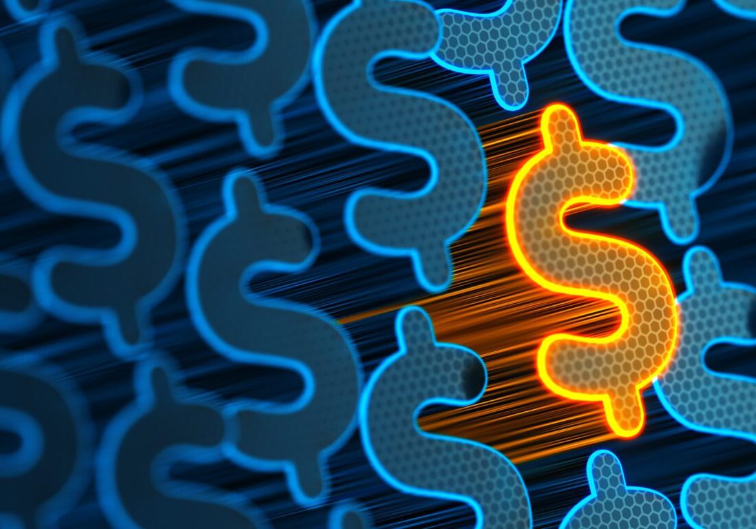 Stand out from the crowd. Yellow Unique Dollar sign. Profit and money. Financial and business 3d illustration